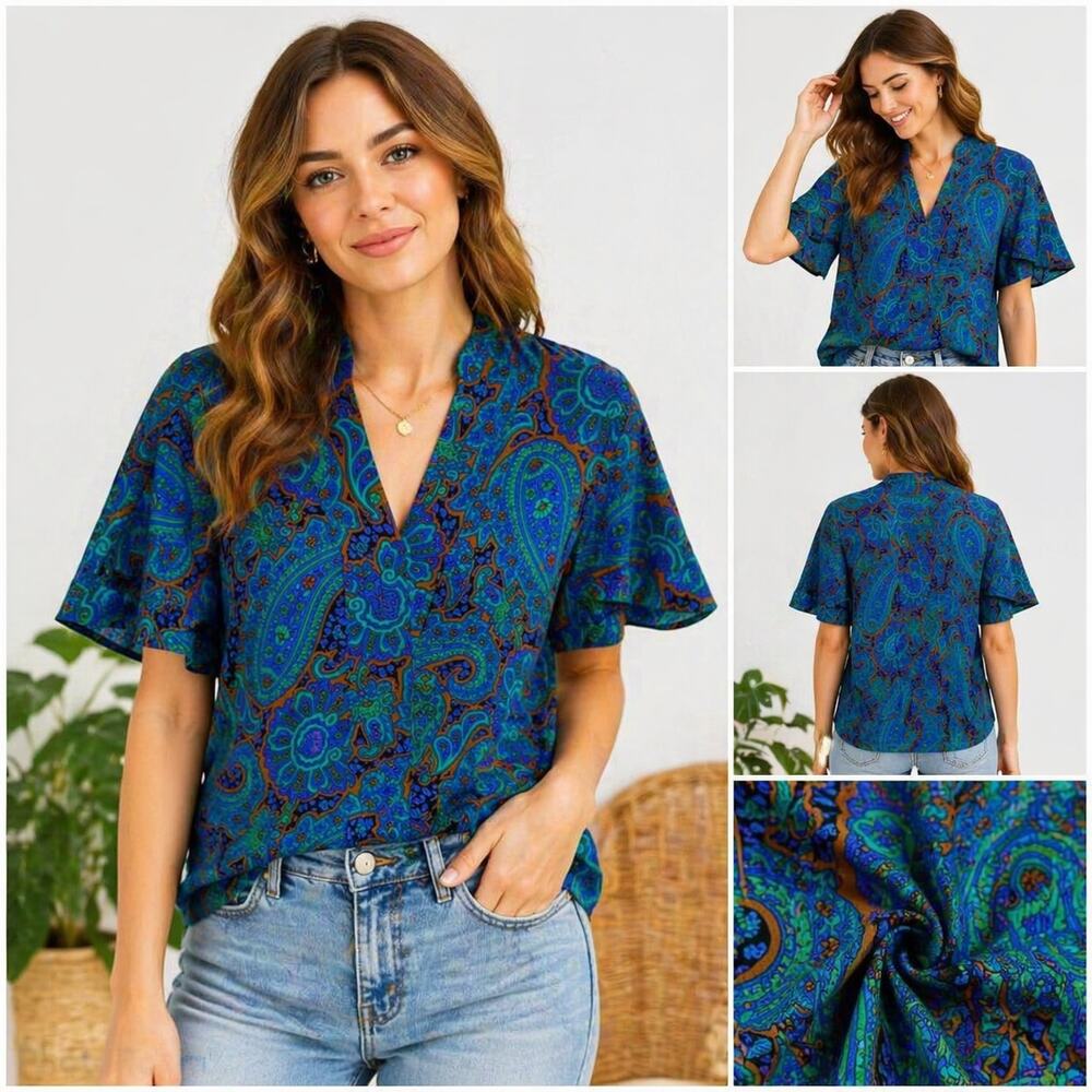 Vintage Isaac Mizrahi Live Paisley Blouse Small Blue Boho Cottagecore Flowy Top